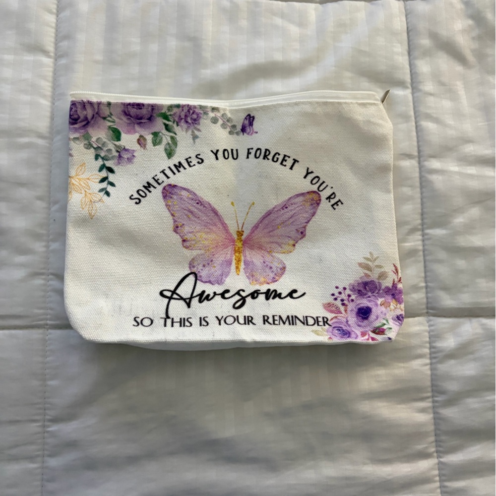 Floral Butterfly Canvas Zip Pouch in White and Purple